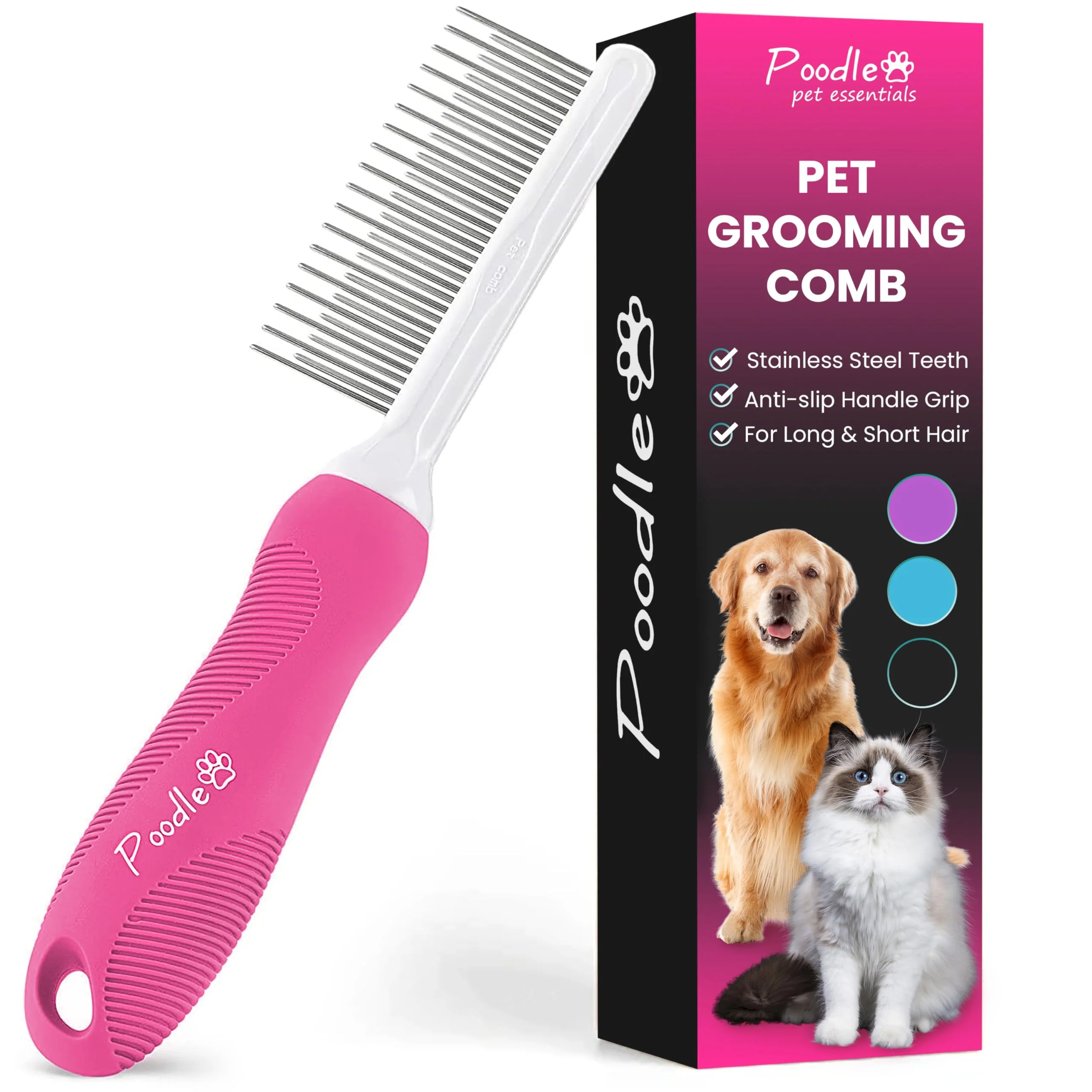 Long-Lasting POODLIE 2-in-1 Detangling Comb for Dogs Cats – Long Short Stainless Teeth Pink Recyclable