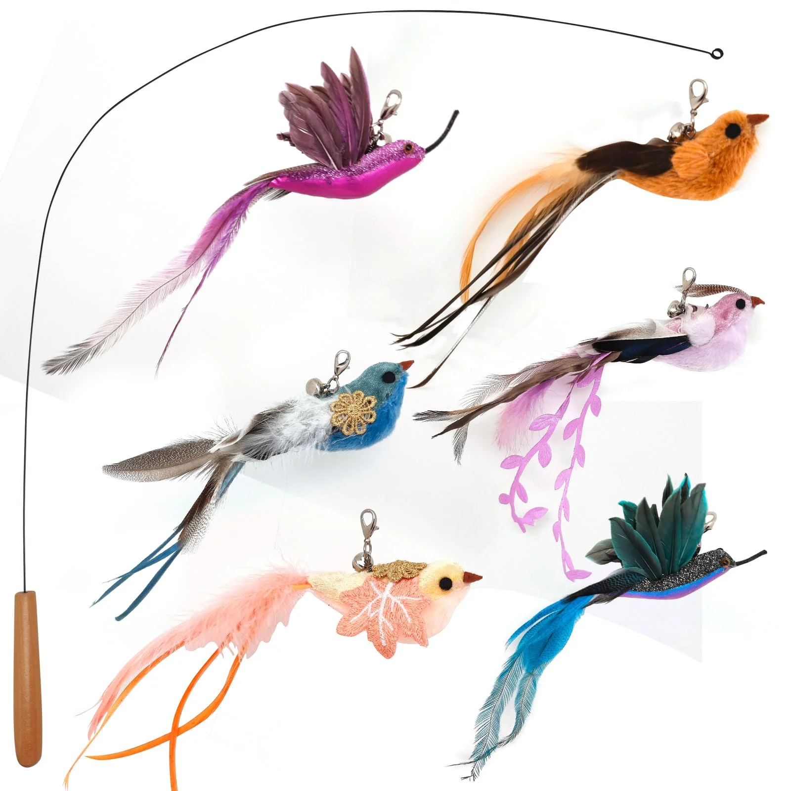 Secure miwoowim Interactive Cat Toys for Indoor Cats — 35-inch Steel Wire Wand 6 Feather Bird Refills Teaser Cat Wand Genuine