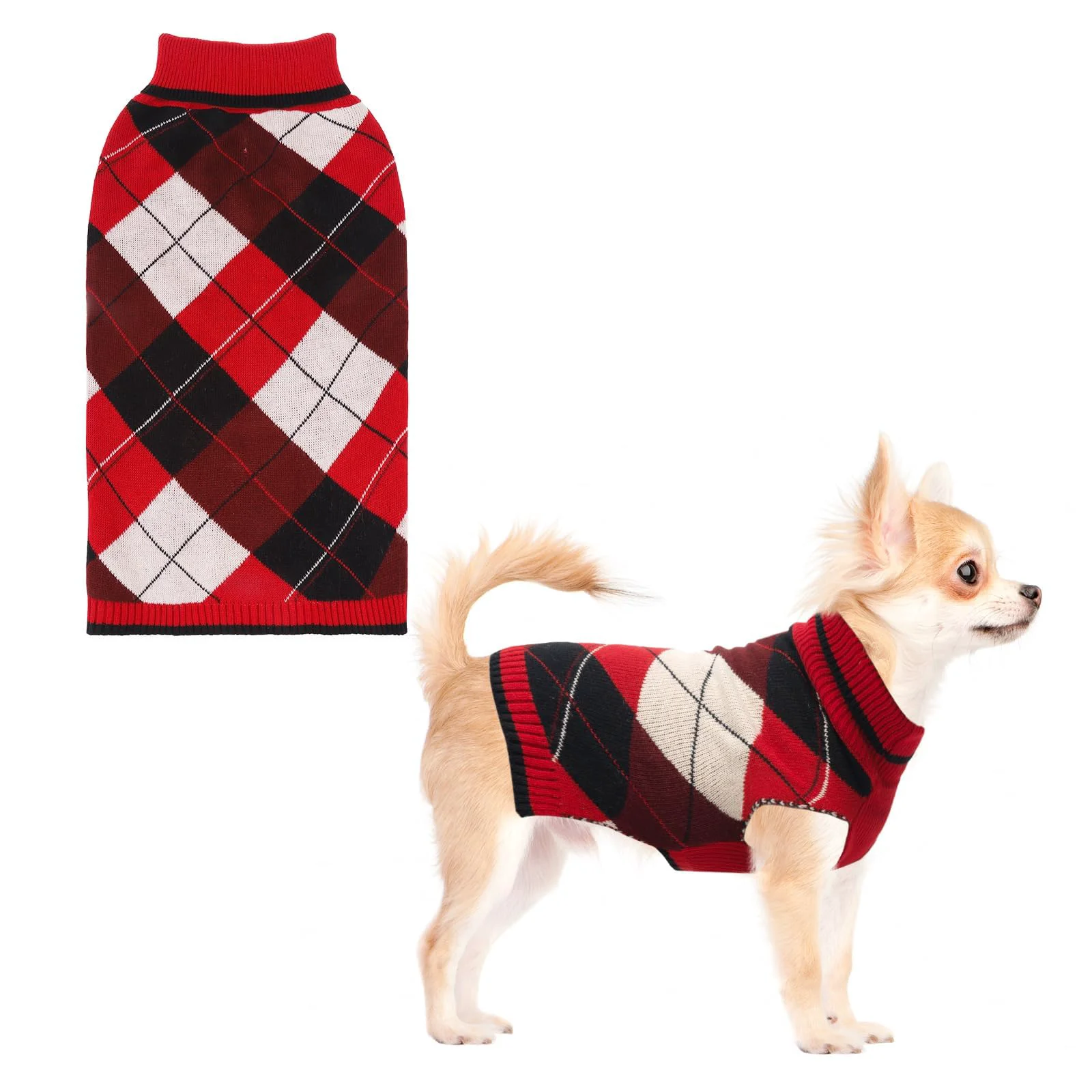 Carefully Designed KOOLTAIL Dog Sweater for Small Dogs – Thick Plaid Knit Turtleneck Leash Hole XS Fast