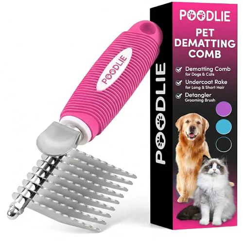 Healthy POODLIE Poodle Dematting Fur Rake – Detangle Long-Coat Dogs Cats with 2.5in Stainless Steel Blades Lightweight