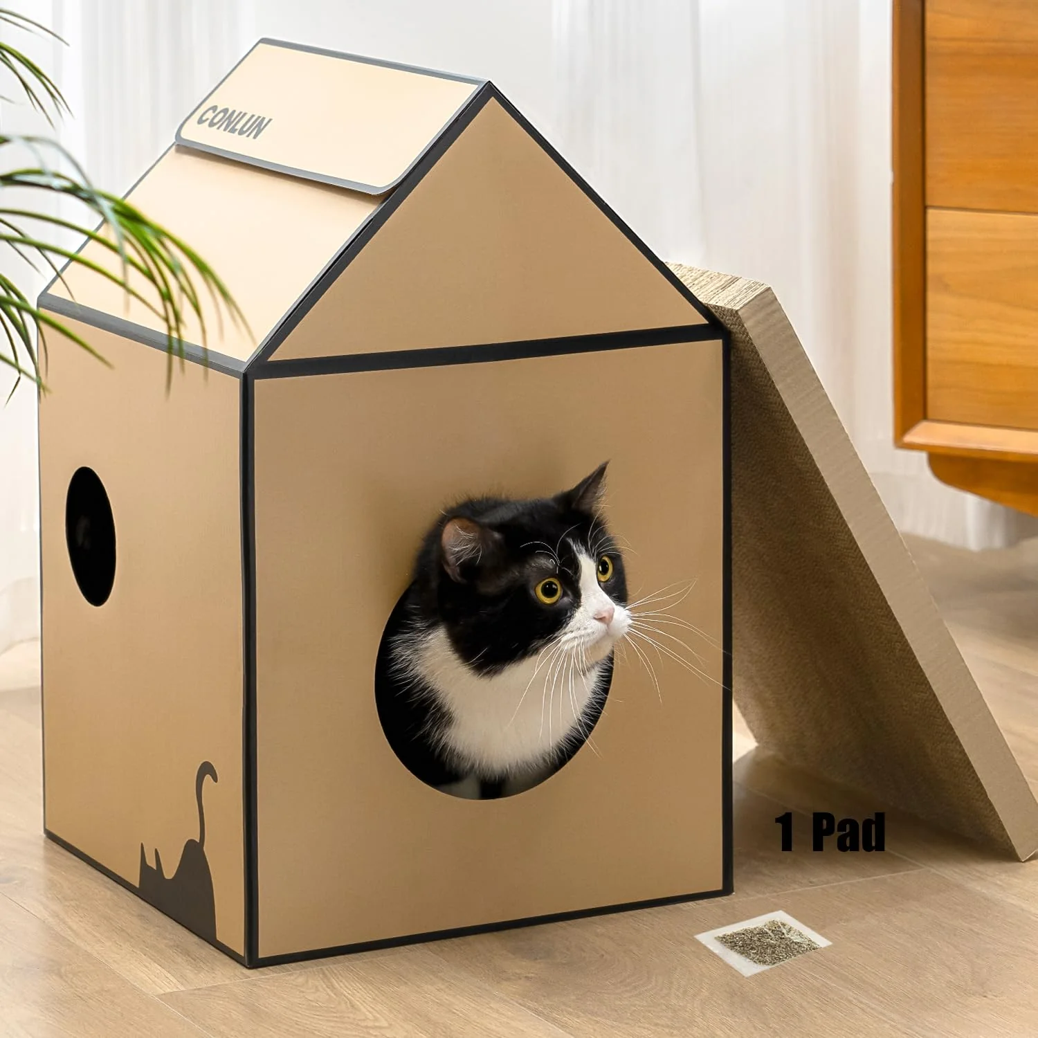 Functional Conlun Cardboard Cat House with Scratch Pad Catnip Medium Dependable