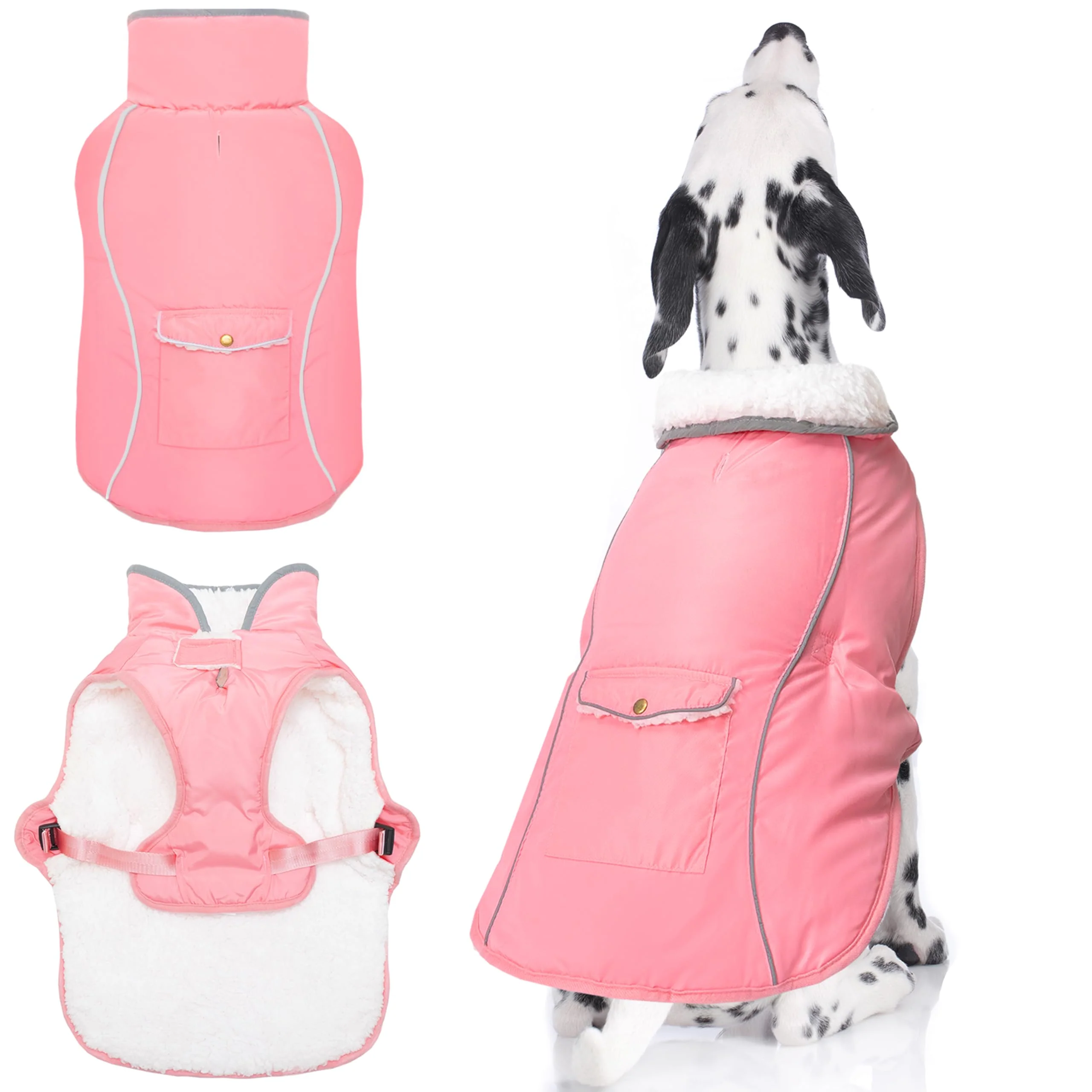 Traditional MOTZABO Dog Winter Coat – Waterproof Windproof Pink Vest with Leash Hole Reflective Trim Recyclable
