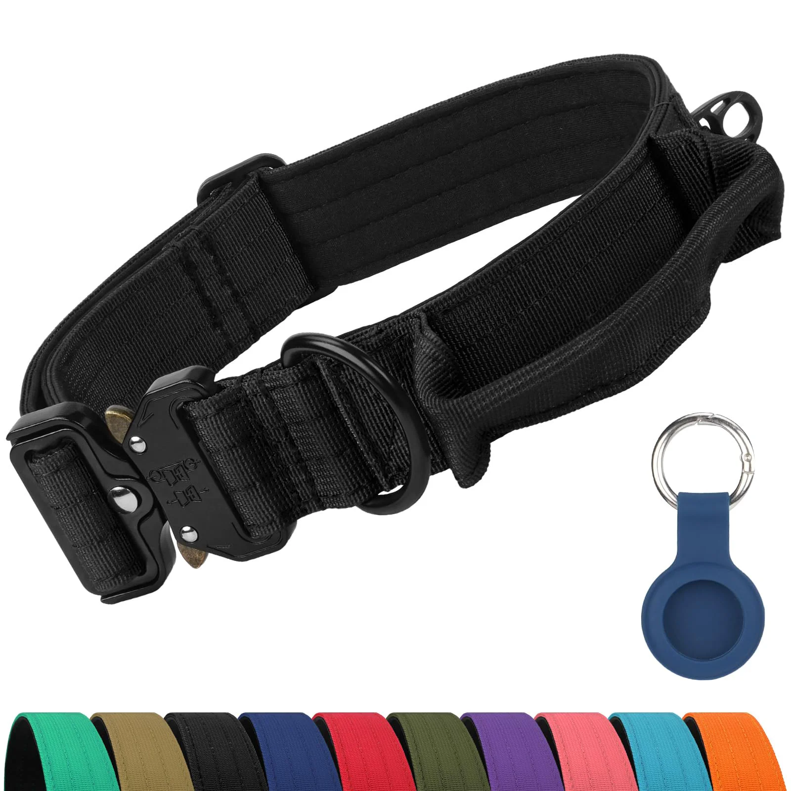Consistent Joytale Heavy Duty Dog Collar with Handle for XL Dogs – Adjustable Tactical Nylon Collar with AirTag Case Black Natural