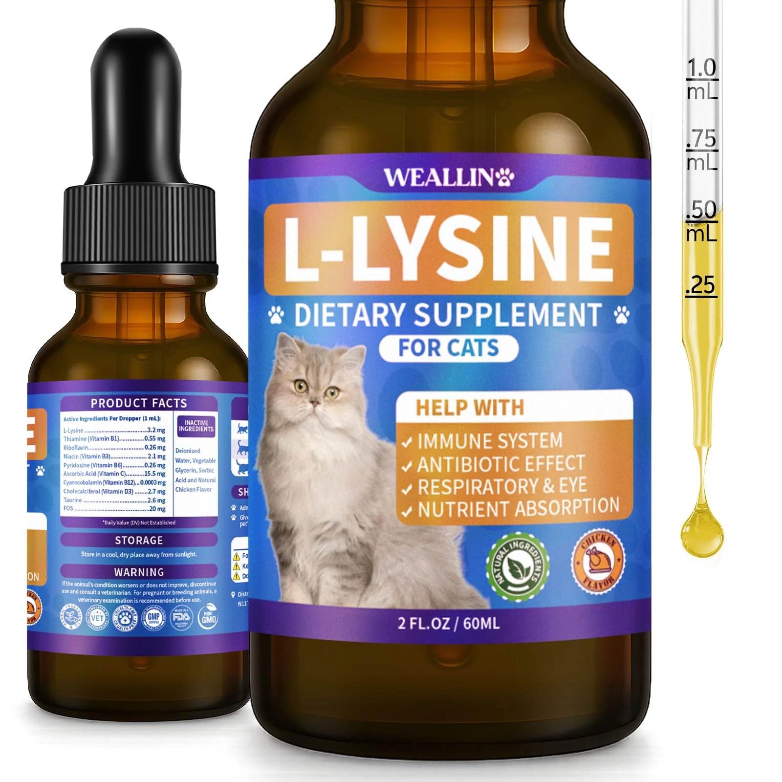 Certified WEALLIN L-Lysine Supplement for Cats – Immune Respiratory Support Chicken Flavor 60 ml World-Class
