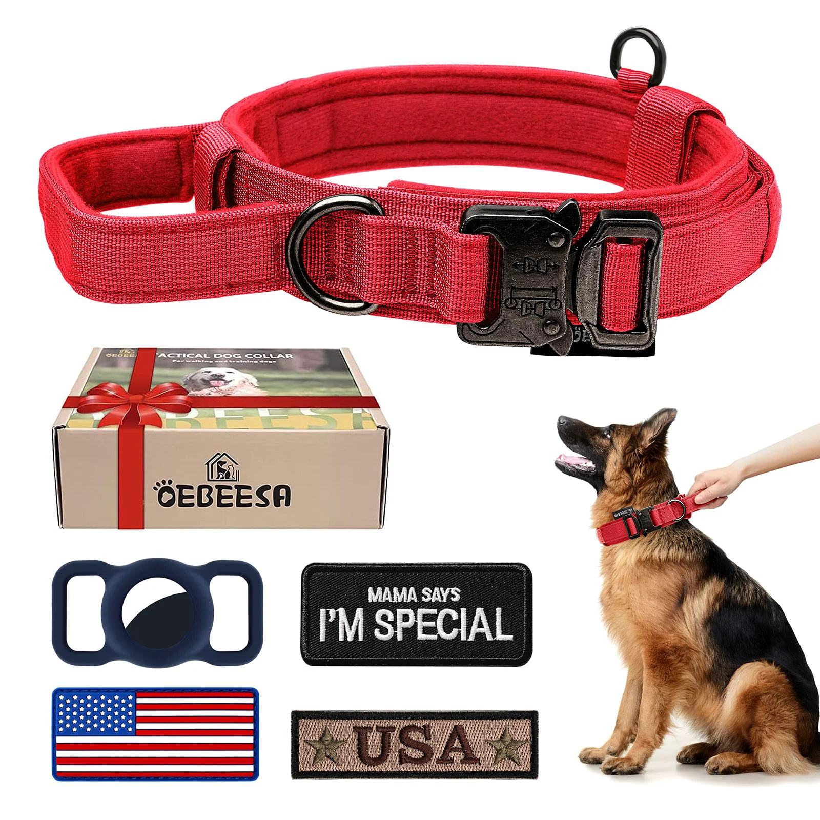 Professional OEBEESA Tactical Dog Collar with Handle – 1000D Nylon Airtag Case 3 Patches Red Size M Genuine