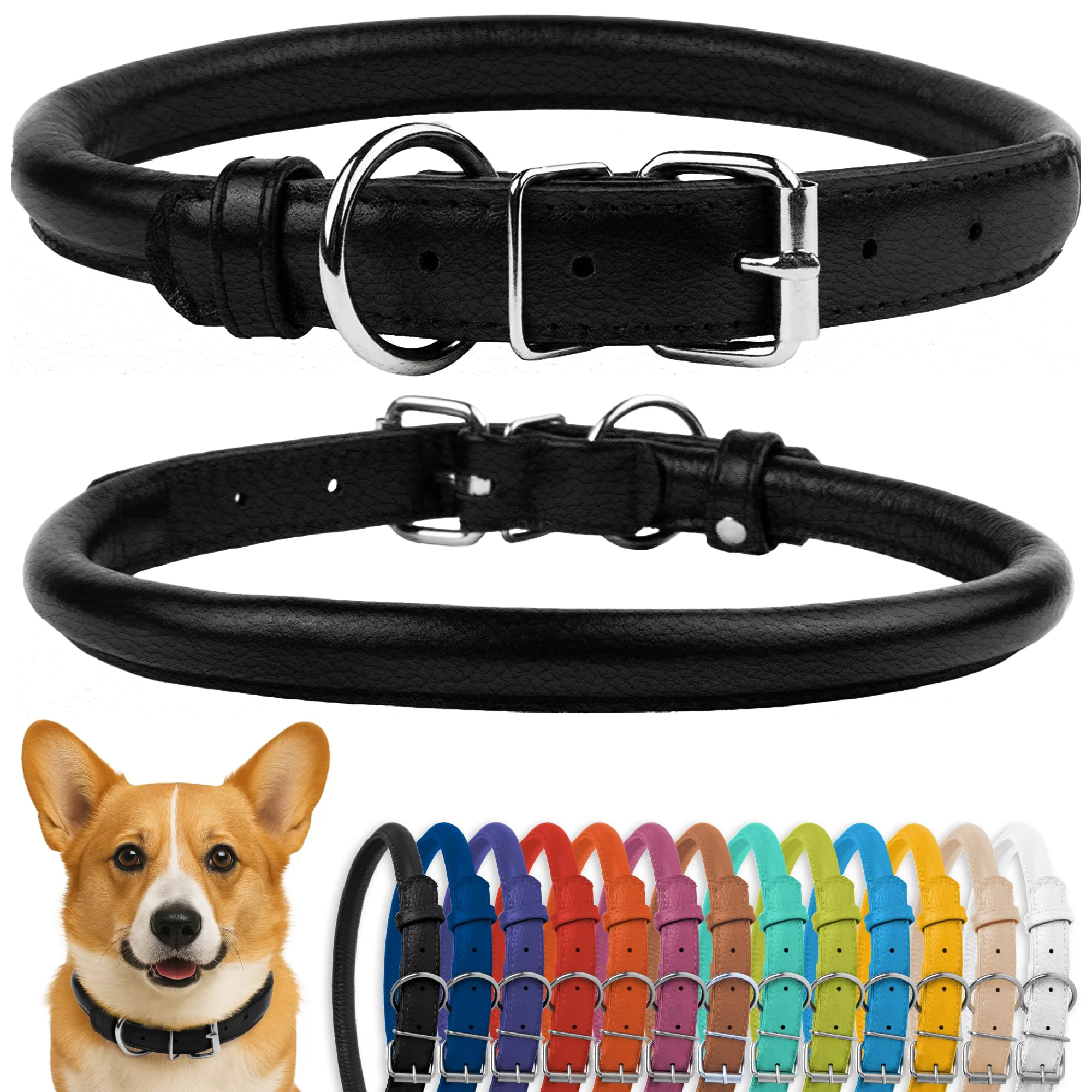 Fine Crafted CollarDirect Rolled Leather Dog Collar – Soft Padded Handmade Leather 11-14 in 13 Colors Black Textured Elite