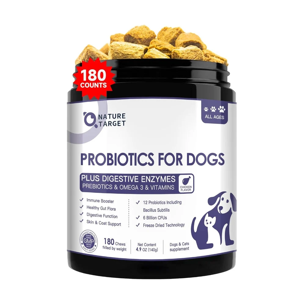 Unique Probiotics for Dogs Cats 6 Billion CFUs 12 Strains with Enzymes Prebiotics Omega-3 Chicken Flavor 180 Chews Versatile