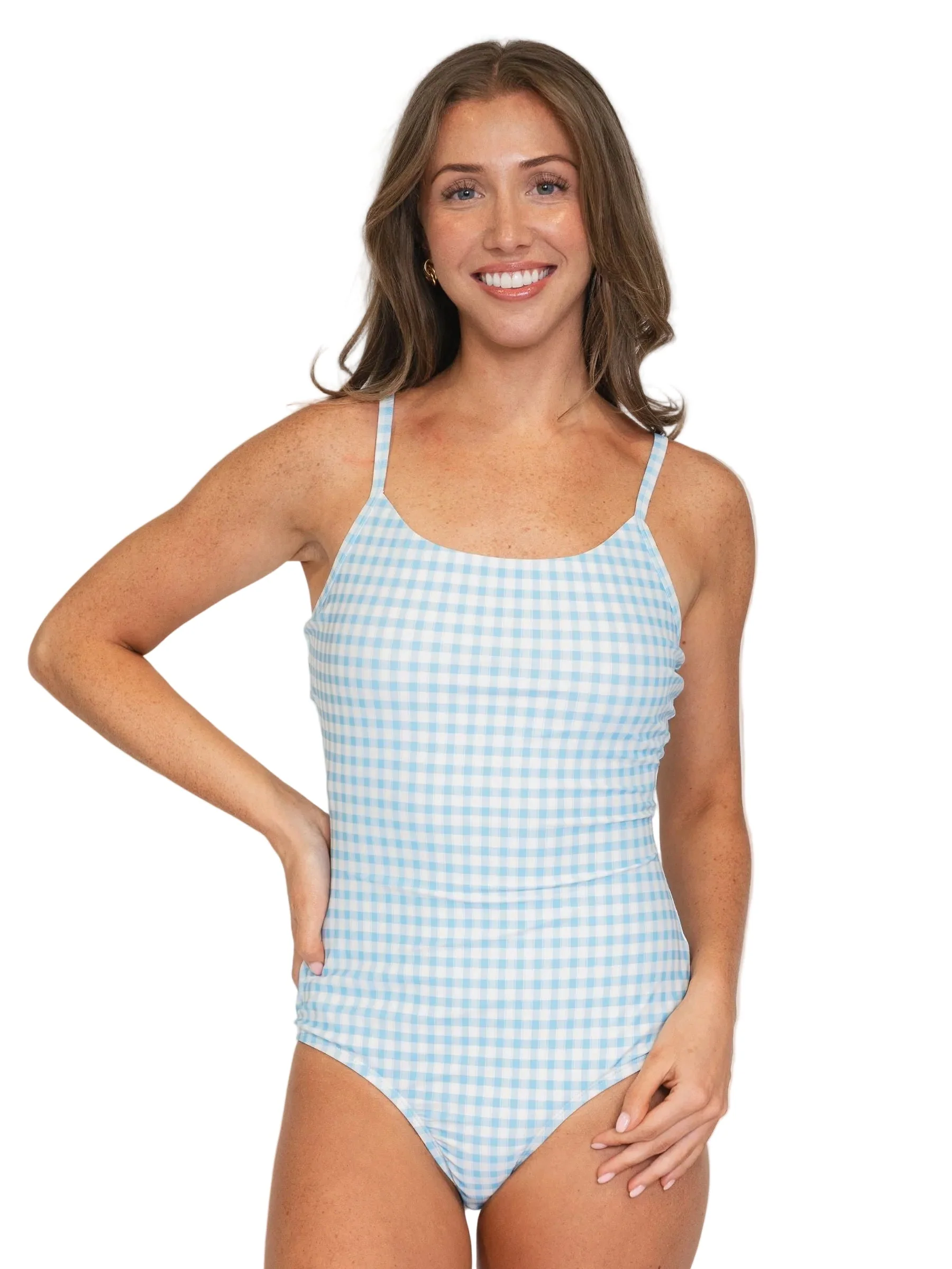 High-End Sky Gingham Tank One-Piece Practical