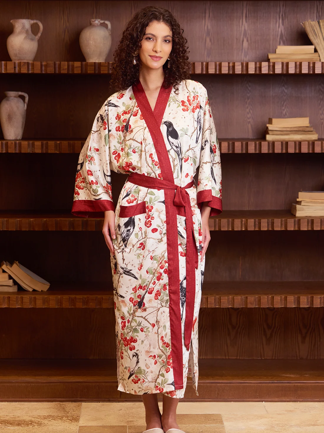 Selected Red Magpie Garden Kimono Robe Eco-Friendly