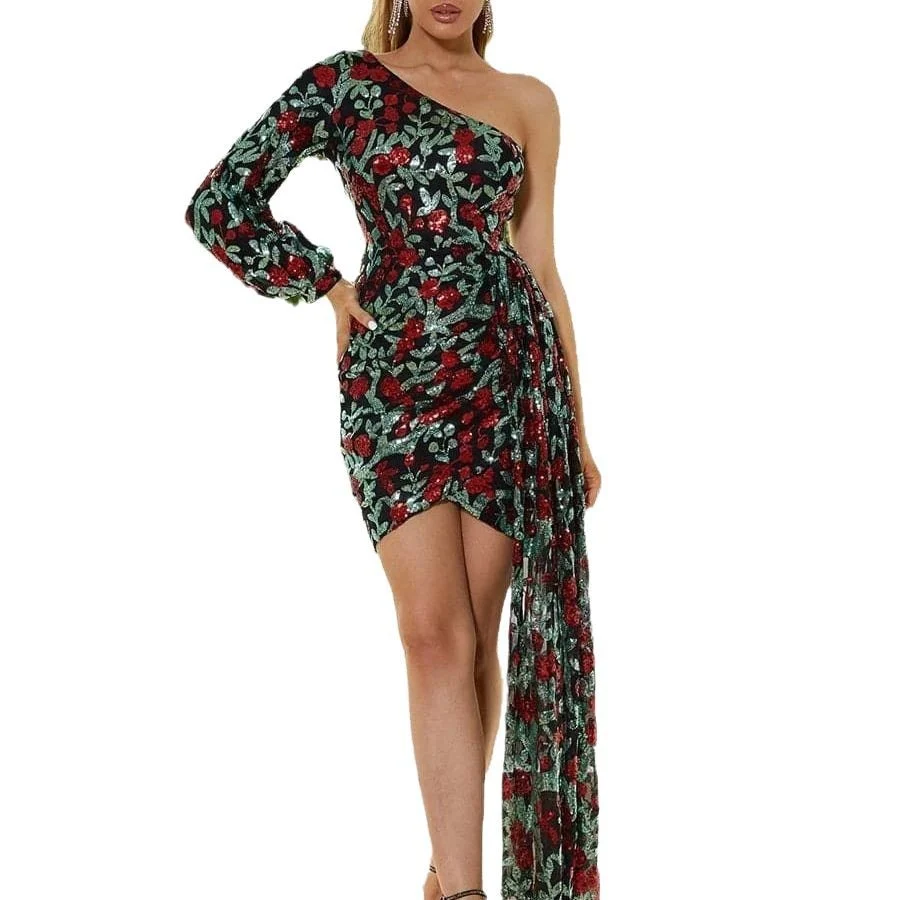 Flexible Women’s One-Shoulder Sequined Mini Dress with Cascading Side Train – Long Sleeve Banquet Evening Gown Refined
