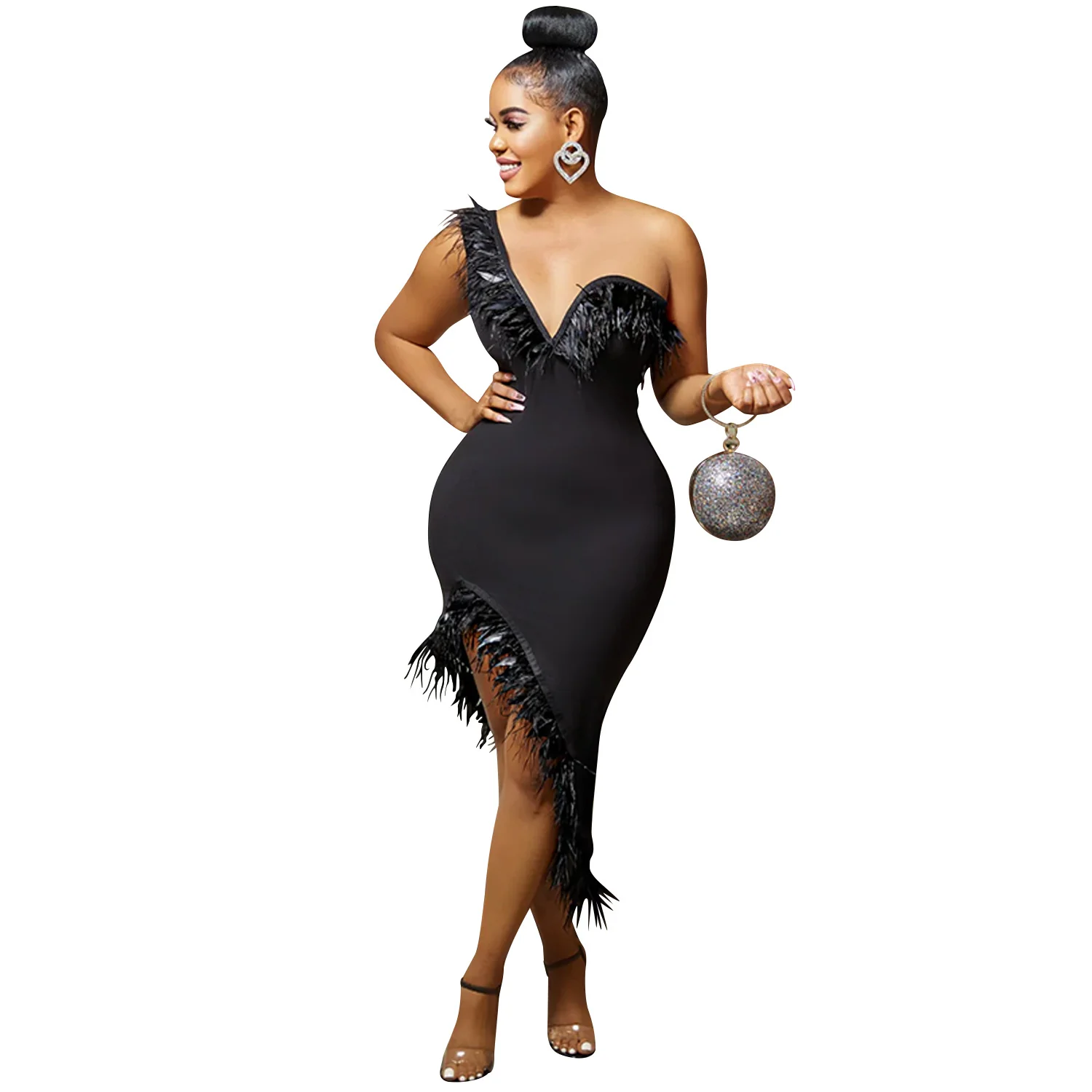 Elite Chic Feather-Trim V-Neck Asymmetrical Midi Party Dress Practical