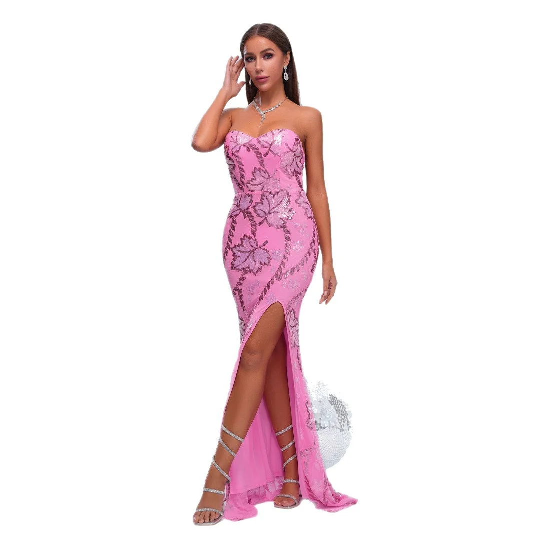 Exceptional Women’s Pink Off-the-Shoulder Sequined Fishtail Evening Dress – Strapless Sheath Banquet Gown Casual