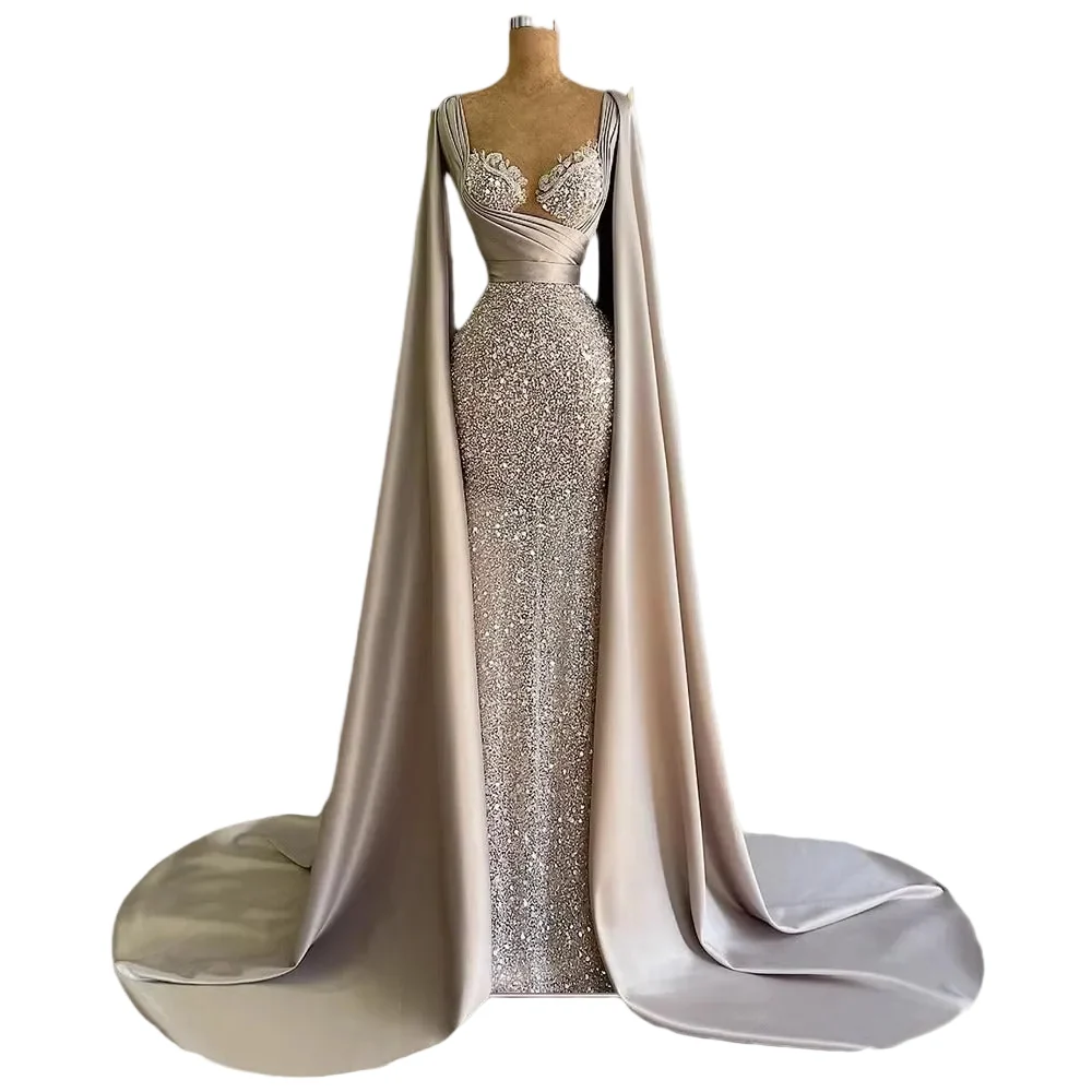 Carefully Designed Women’s High-End Beaded Sequin Mermaid Evening Dress – Sweetheart Neck Gown with Draping Cape Sleeves Authentic