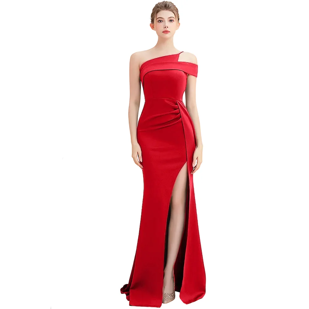 Optimized Women’s Asymmetrical One-Shoulder Fishtail Evening Dress – High-Slit Banquet Maxi Gown Organic