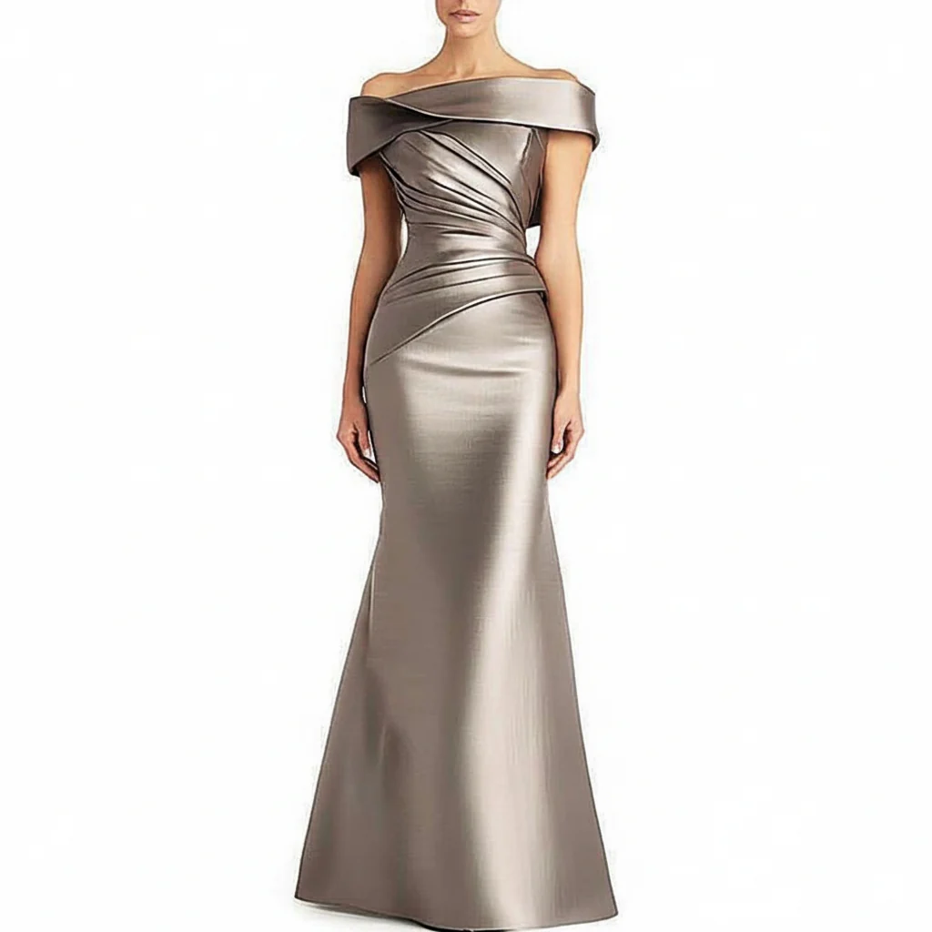 Modern Women’s Off-Shoulder Pleated Satin Evening Maxi Gown – Elegant Mother of the Bride Dress Official