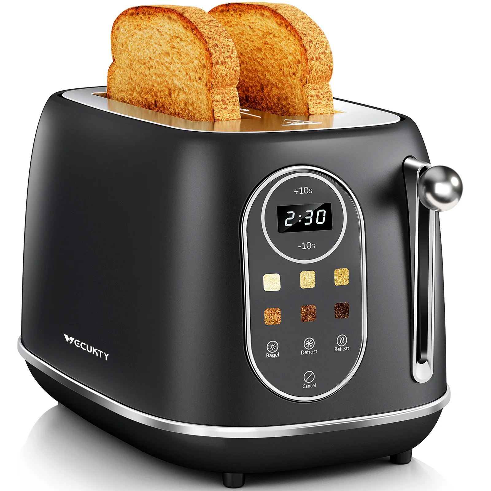 Functional 2 Slice Touchscreen Smart Toaster Stainless Steel Bagel Toaster with Control Panels 6 Shade Settings Defrost Reheat Function Removable Crumb Tray Solid