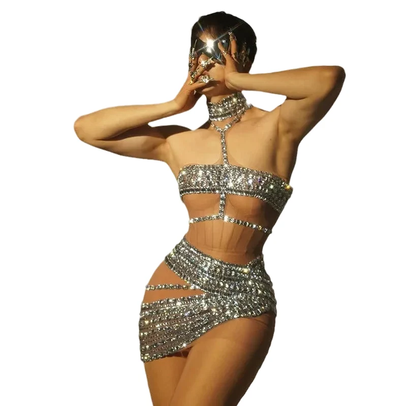 Convenient Women’s Sparkly Rhinestone Chain Two-Piece Set – Tube Top Crop Vest Asymmetrical Bodycon Mini Skirt Party Set Safe