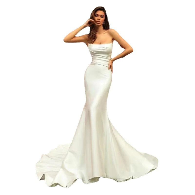 Selected Women’s Strapless Tube Top Mermaid Gown – White Backless Evening Dress with Sweeping Train Classic