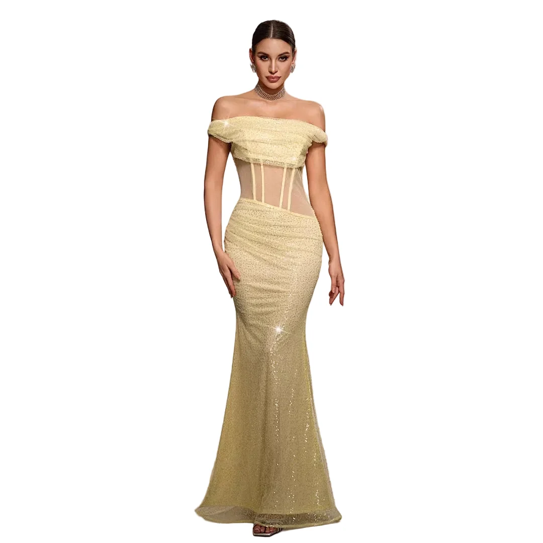 Elite Women’s Off-the-Shoulder Sequined Corset Mermaid Evening Gown – Sheer Boned Long Formal Dress Clean