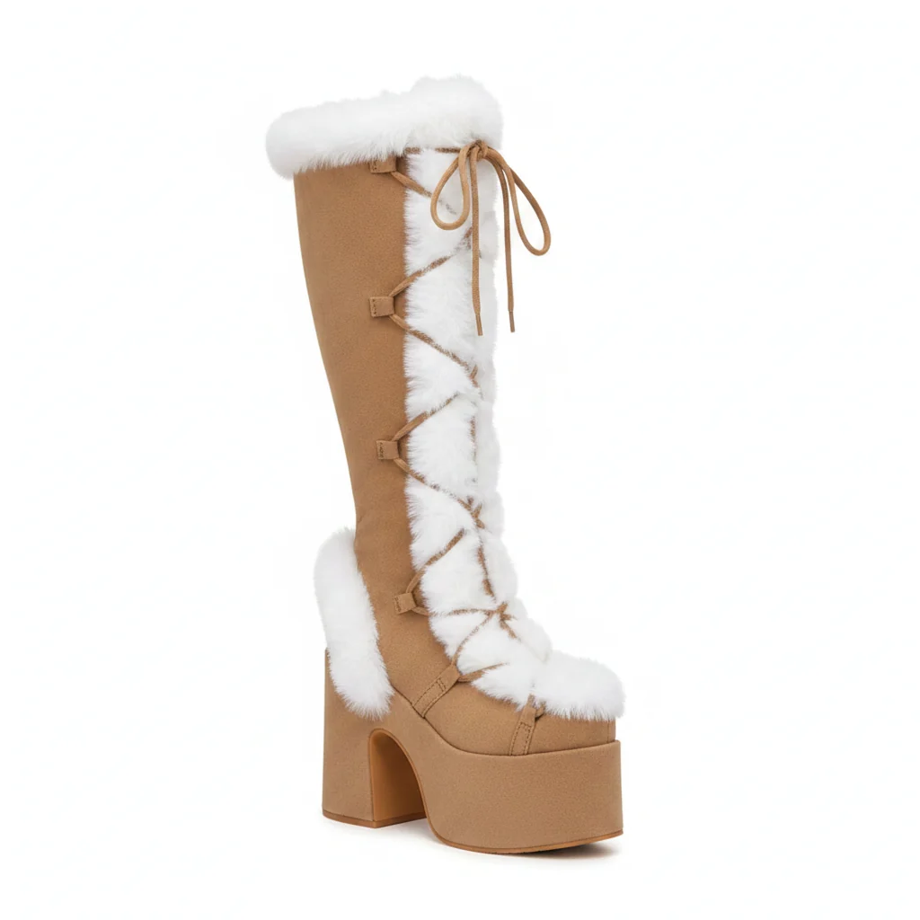 Verified Women’s Faux Fur Trim Platform Knee High Goth Boots Professional