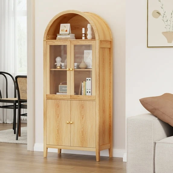 Clean Eunon Tall Arched Pantry Storage Display Cabinet Arched Storage Cabinet With Doors Retro Oak Green