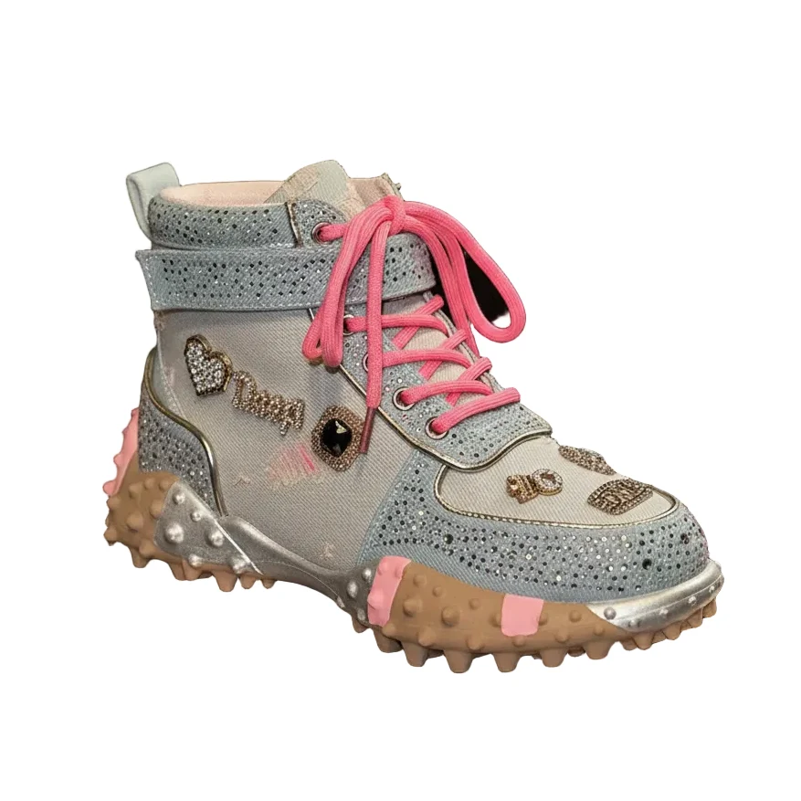 Stylish Women’s Rhinestone High-Top Sneakers Diamond Lace-Up Casual Boots Thick Bottom Specialty