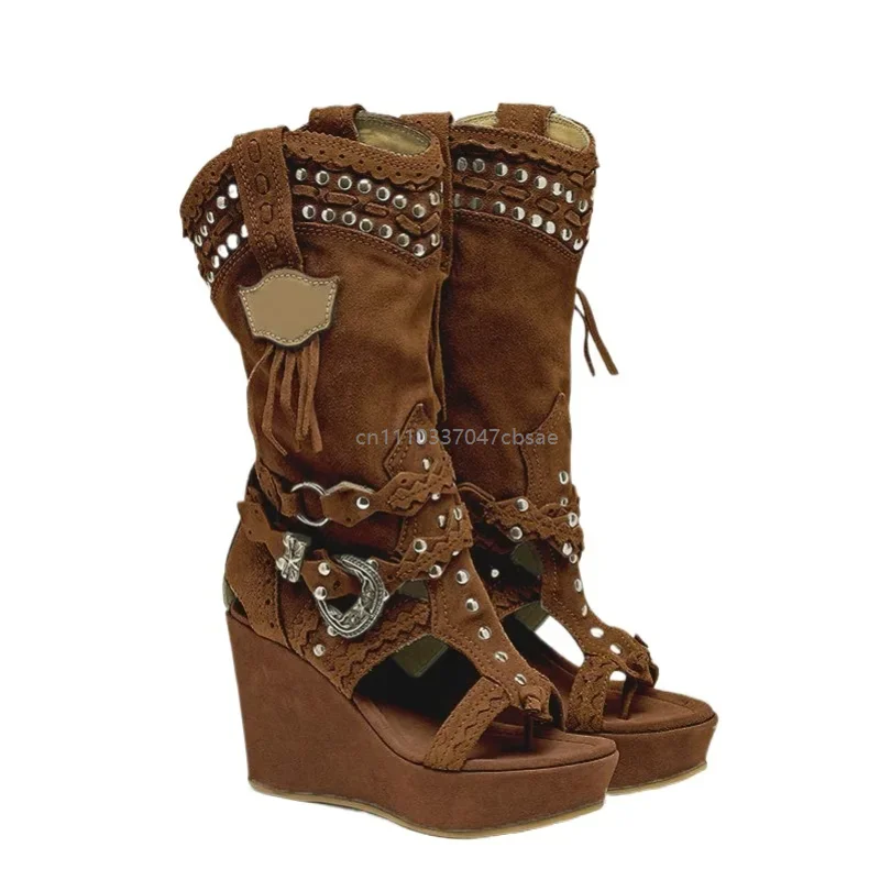 Minimalist Women’s Western Cowboy Wedge Sandals Tassel Fringe Rivet Platform Open Toe High Heel Casual Shoes High-Performance