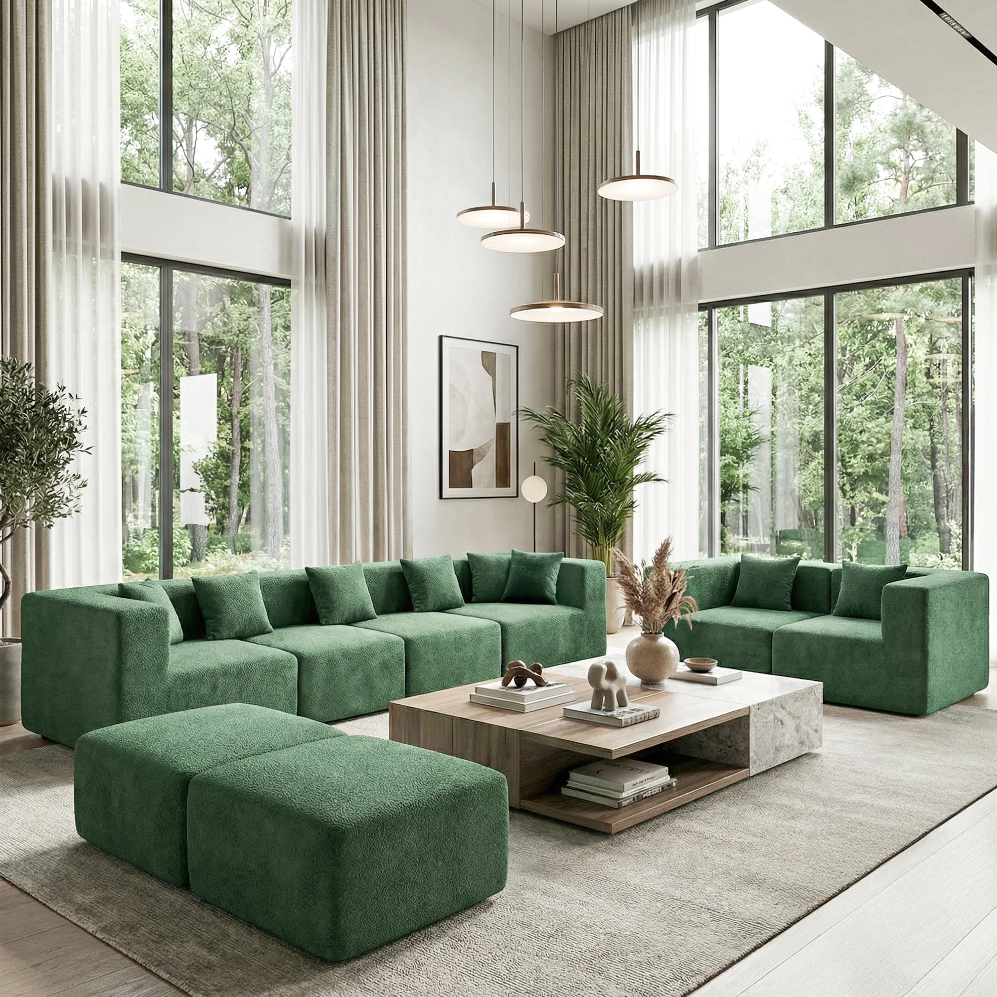 Solid BEHOST 130 8-Piece Modular Sectional Sofa with Ottomans U-Shaped Pit Couch for Living Room Modern Teddy Fabric Cloud Couch Set Large Sleeper Sofa with Deep Seats Forest Green Genuine