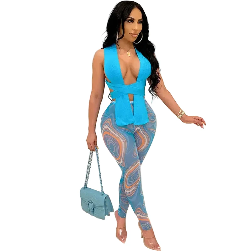Professional Women’s Casual Knitted Bandage Top and Printed Leggings Two Piece Matching Set Easy-to-Use
