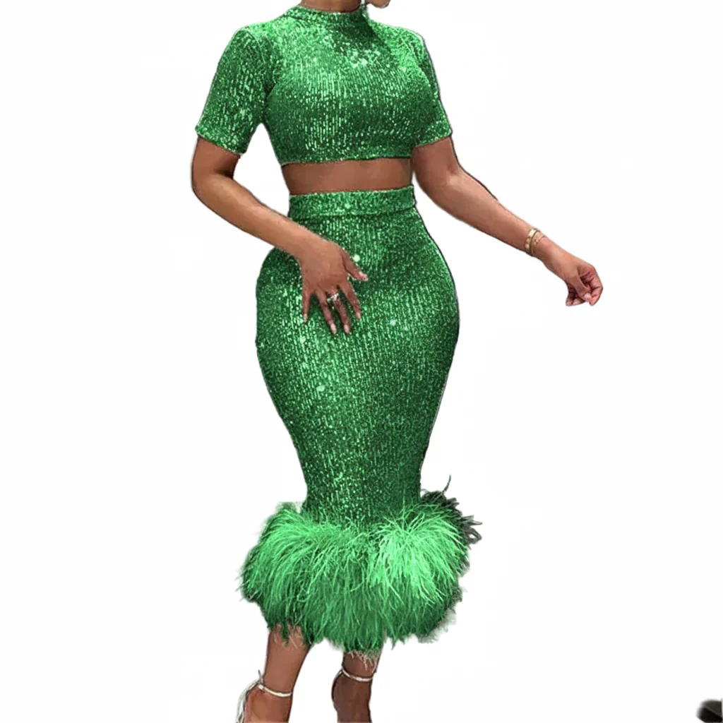 Top-Quality Women’s Sequins Glitter Feather Crop Top and Skirt Two Piece Set Crafted