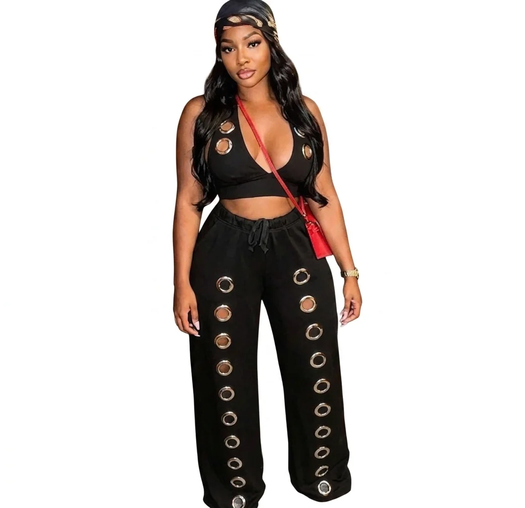 Breathable Women’s Sexy Hollow Out Halter Crop Top and Wide Leg Pant Two Piece Set Crafted