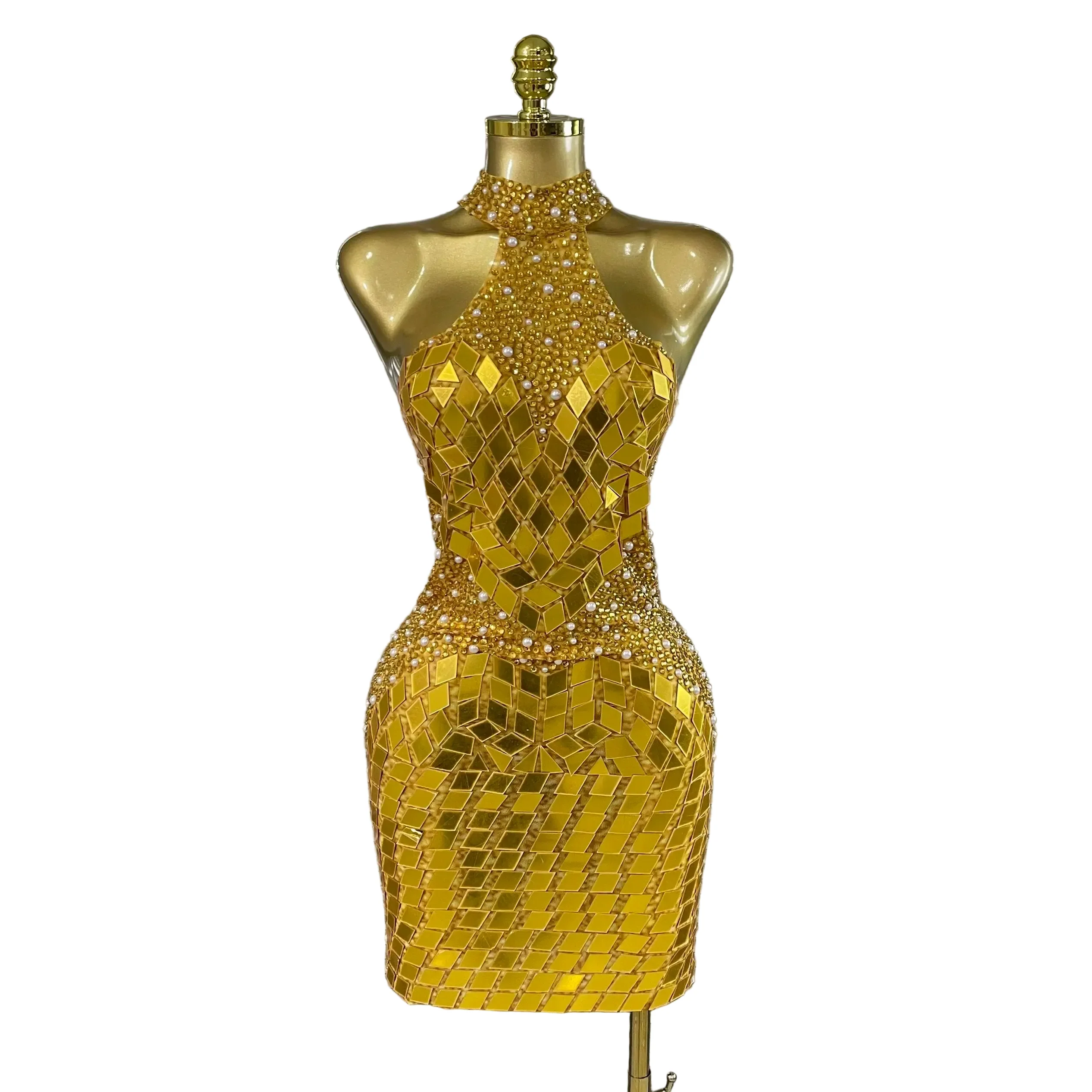 Superior Women’s Sexy Rhinestone Mirror Off the Shoulder Bodycon Mini Dress Premium