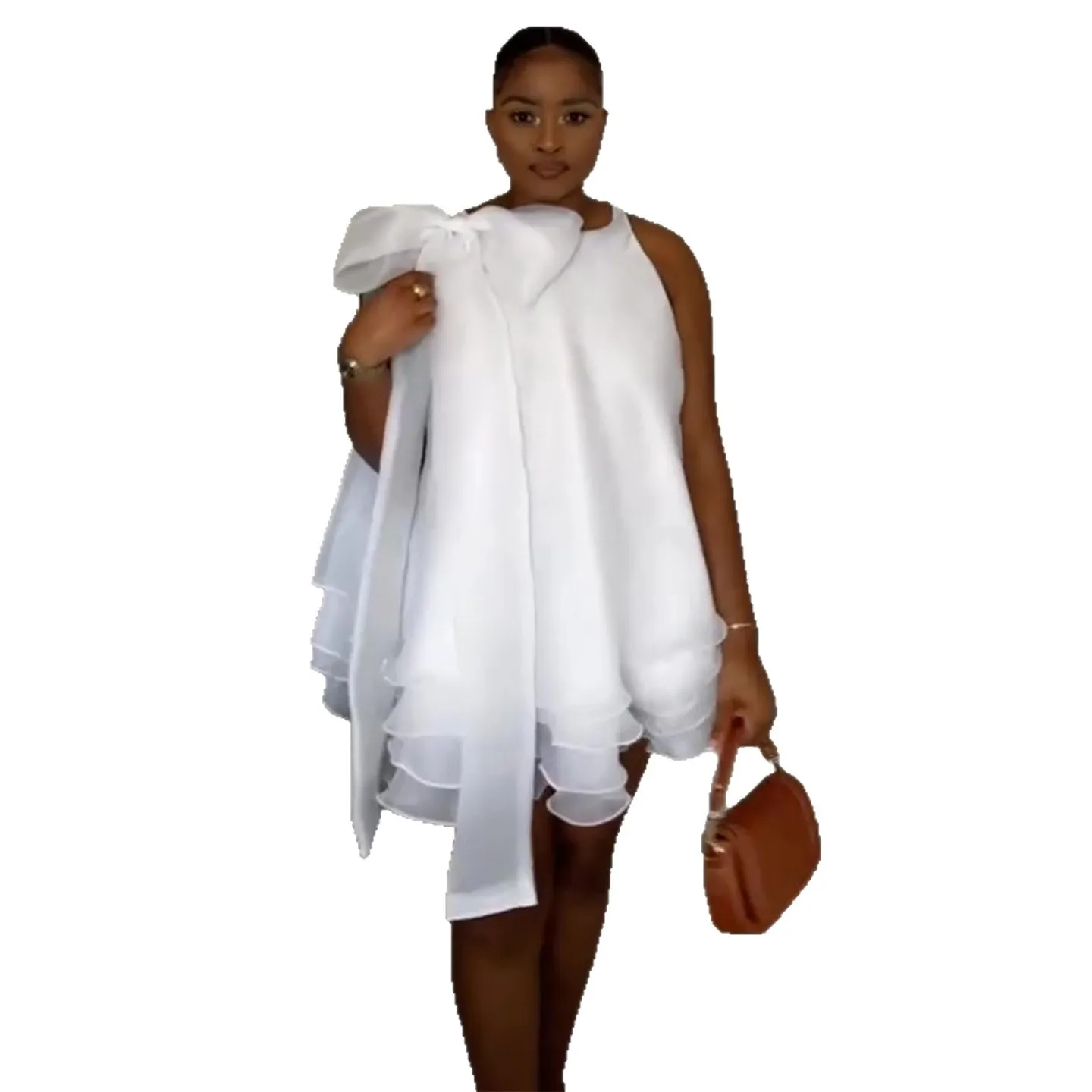 Original Design Women’s Elegant Sleeveless Ruffle Bowneck White Mini Dress Verified