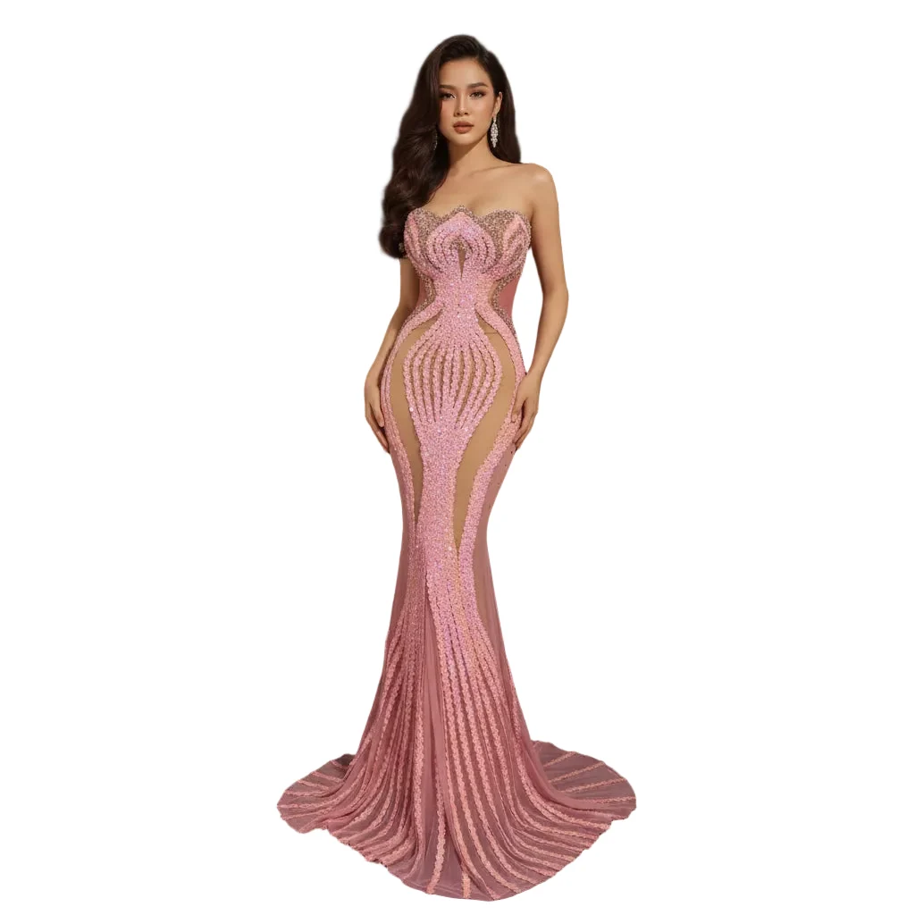 Green Women’s Sexy Mesh Sequins Crystal Stage Performance Maxi Dress Durable