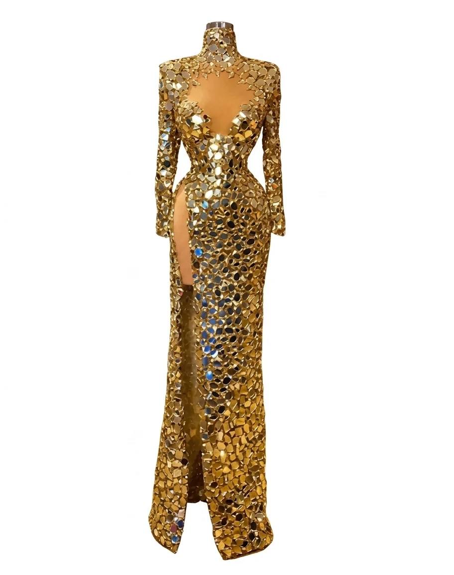 Environmentally Friendly Women’s Sequins High Neck Long Sleeve Split Evening Dress Selected