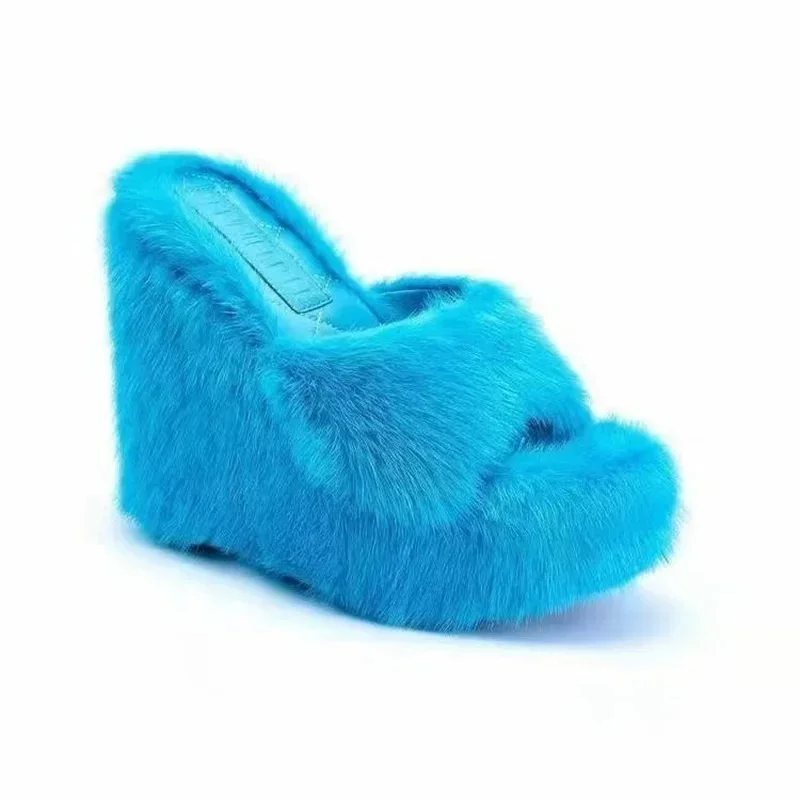 First-Class Women’s Trendy Furry Wedge High Heel Slide Slippers Sustainable