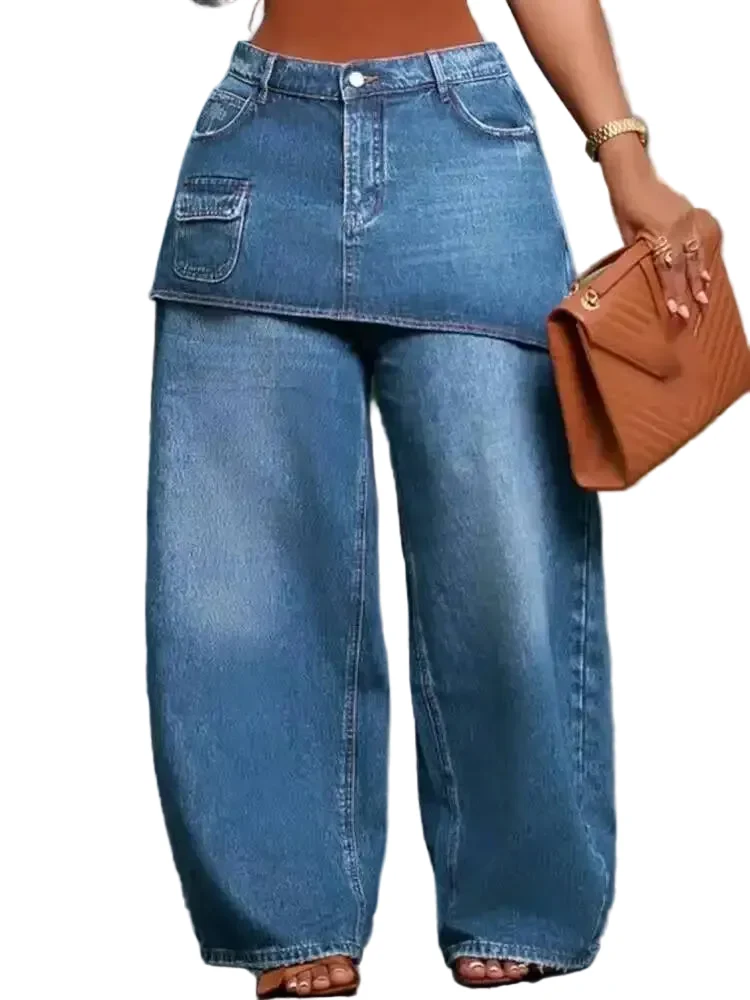 Soft Women’s Loose Fitting Fake Two Piece Wide Leg Denim Jeans Pants Fine