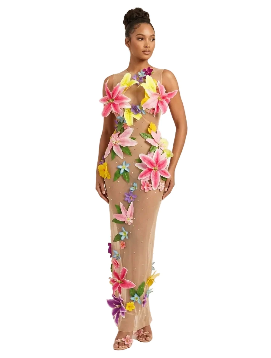 Optimized Women’s Sexy Floral Rhinestone Mesh Backless Maxi Dress High-Grade