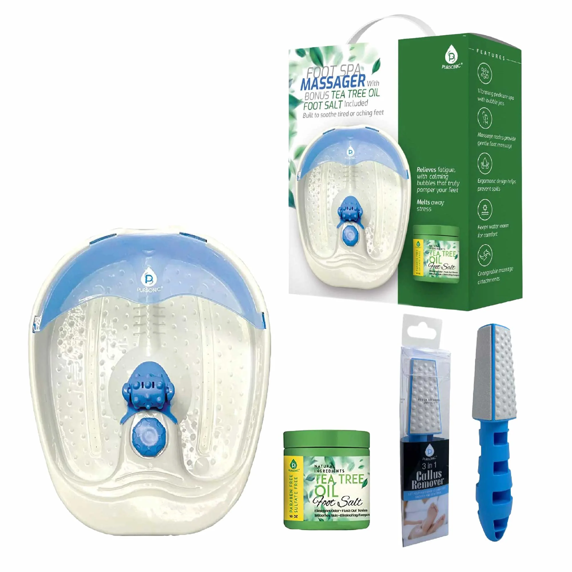 Trusted Pursonic Soothing Foot Spa Massager with Tea Tree Salt Scrub Callus Remover. Reusable