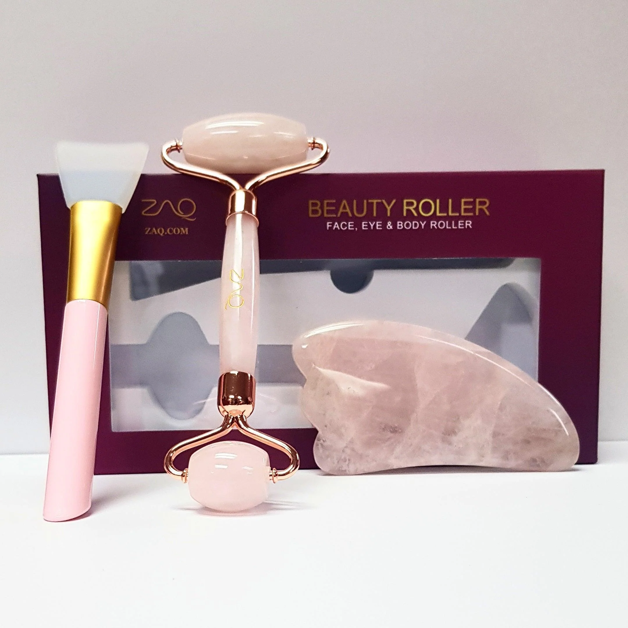 Pure ZAQ Rose Quartz Facial Roller Gua Sha Board Brush Set Healthy