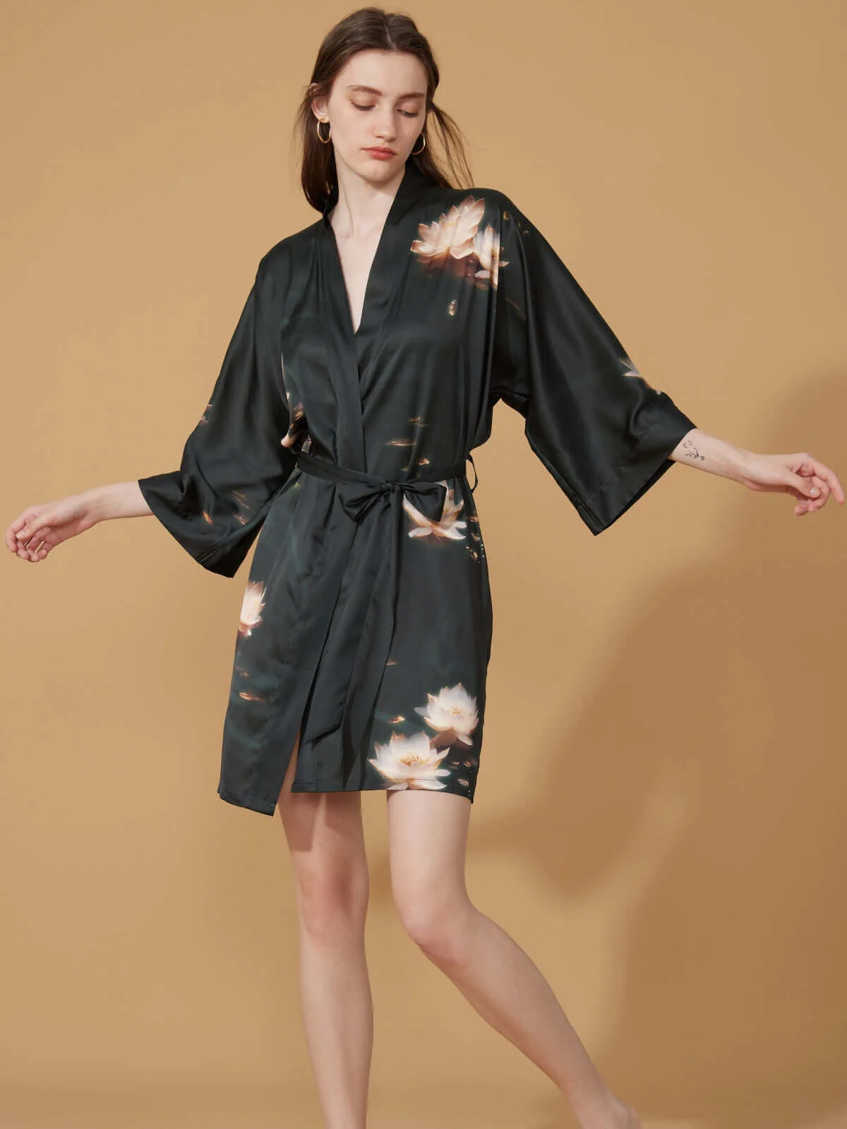 Smooth Short Kimono Robe Golden Lotus Contemporary