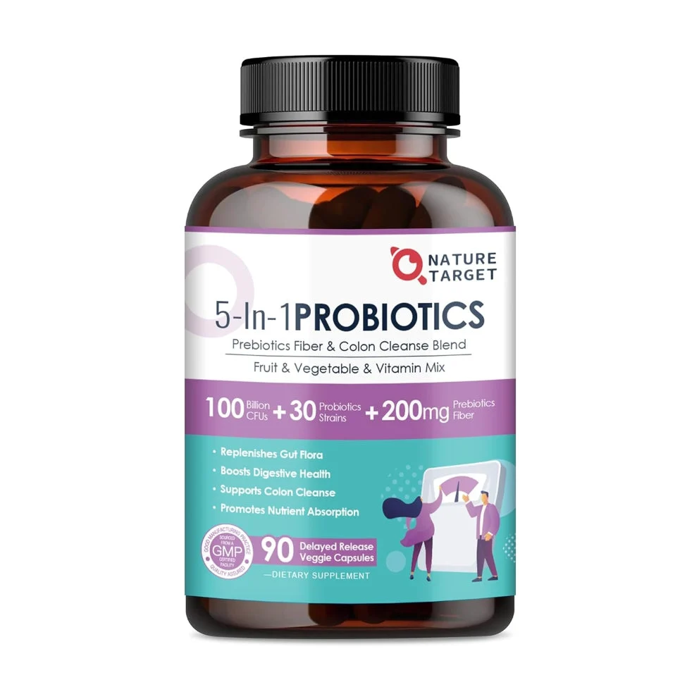 Sustainable 5-in-1 Probiotics 100B CFUs 30 Strains Prebiotics Fiber 200mg Colon Cleanse Complex Fruit Vegetable Complex Vitamin B 90 Vcaps Original Design