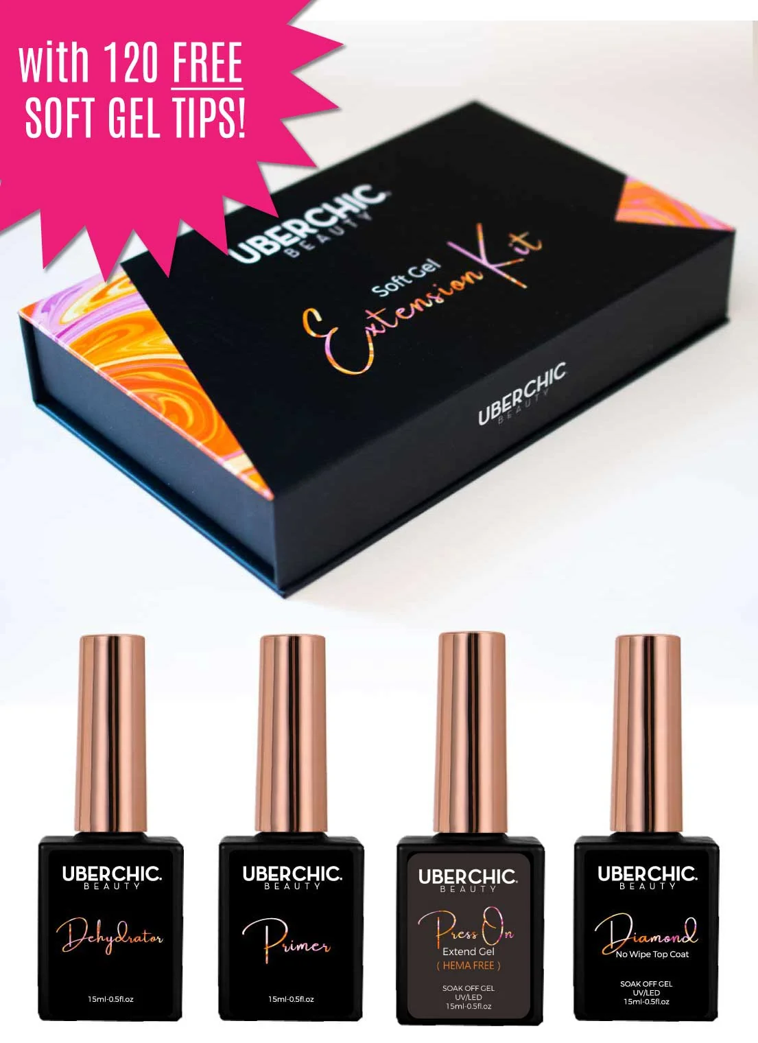 Organic HEMA- Soft Gel Kit 3-Step Soak Off Nail Extension System with Bonus Gel Top Coat Soft Gel Tips Reusable
