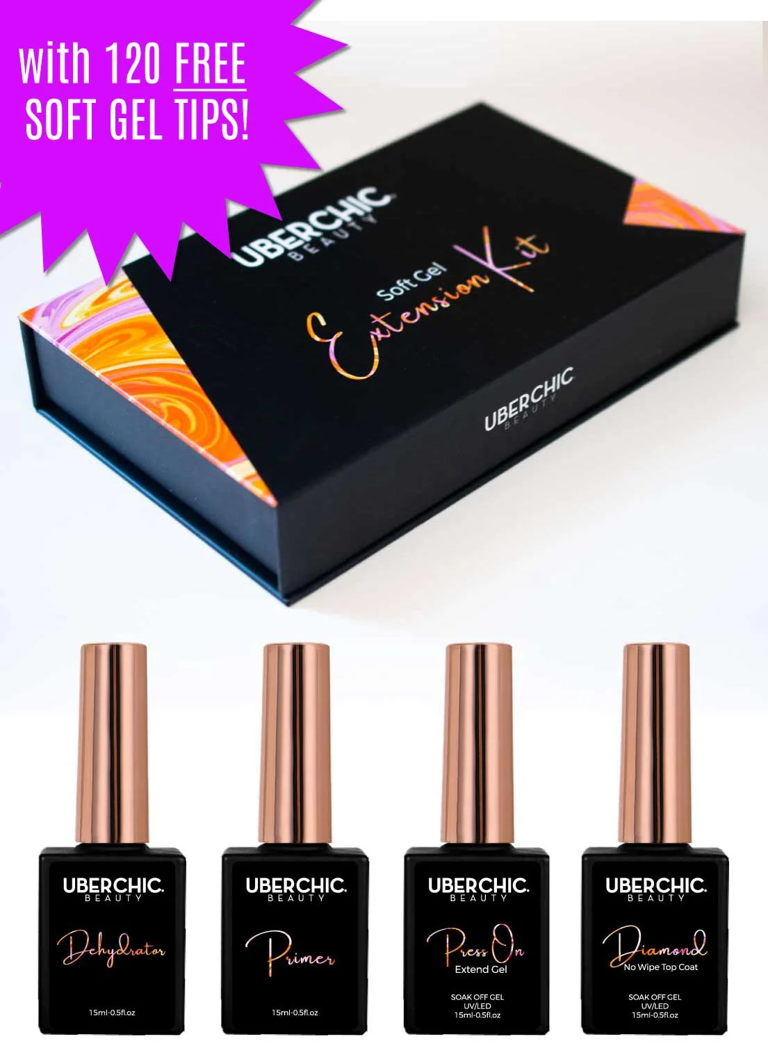 Classic Soft Gel Kit 3-Step Soak Off Nail Extension System with Bonus Gel Top Coat Soft Gel Tips Relaxed