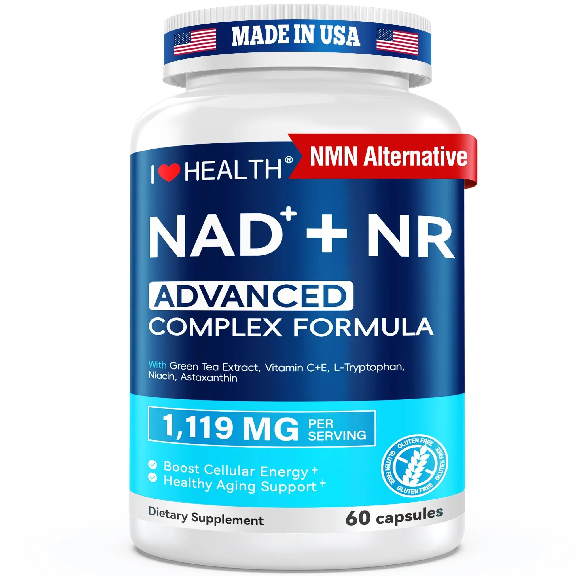 Sustainable NAD Supplement 300mg with NR 150mg NMN Resveratrol-Like Benefits 6000mg Green Tea Extract Astaxanthin Anti-Aging Cellular Energy Support 60 Capsules Made in USA Breathable