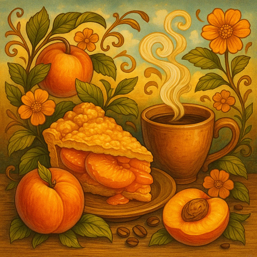 Proven Peach Cobbler CoffeeButtery golden and pure joy. Warm peach flavor with a soft baked finish. Verified