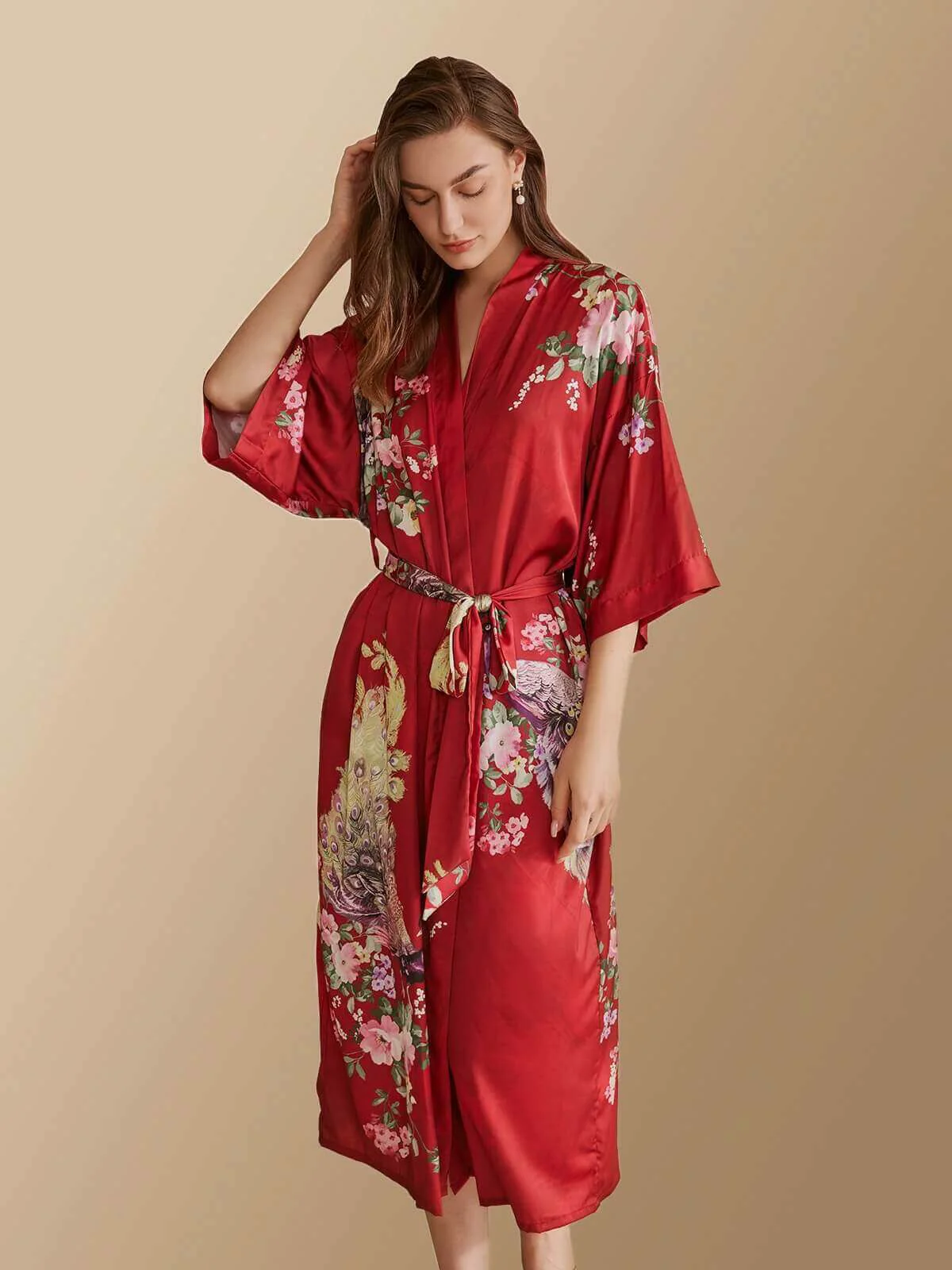 Contemporary Peacock Red Kimono Robe Recyclable