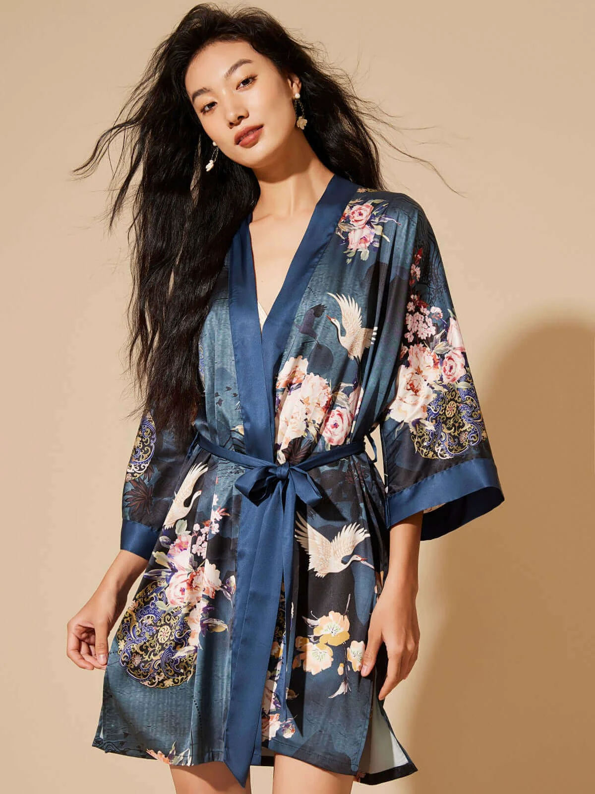 Reusable Short Kimono Robe Crane Soft
