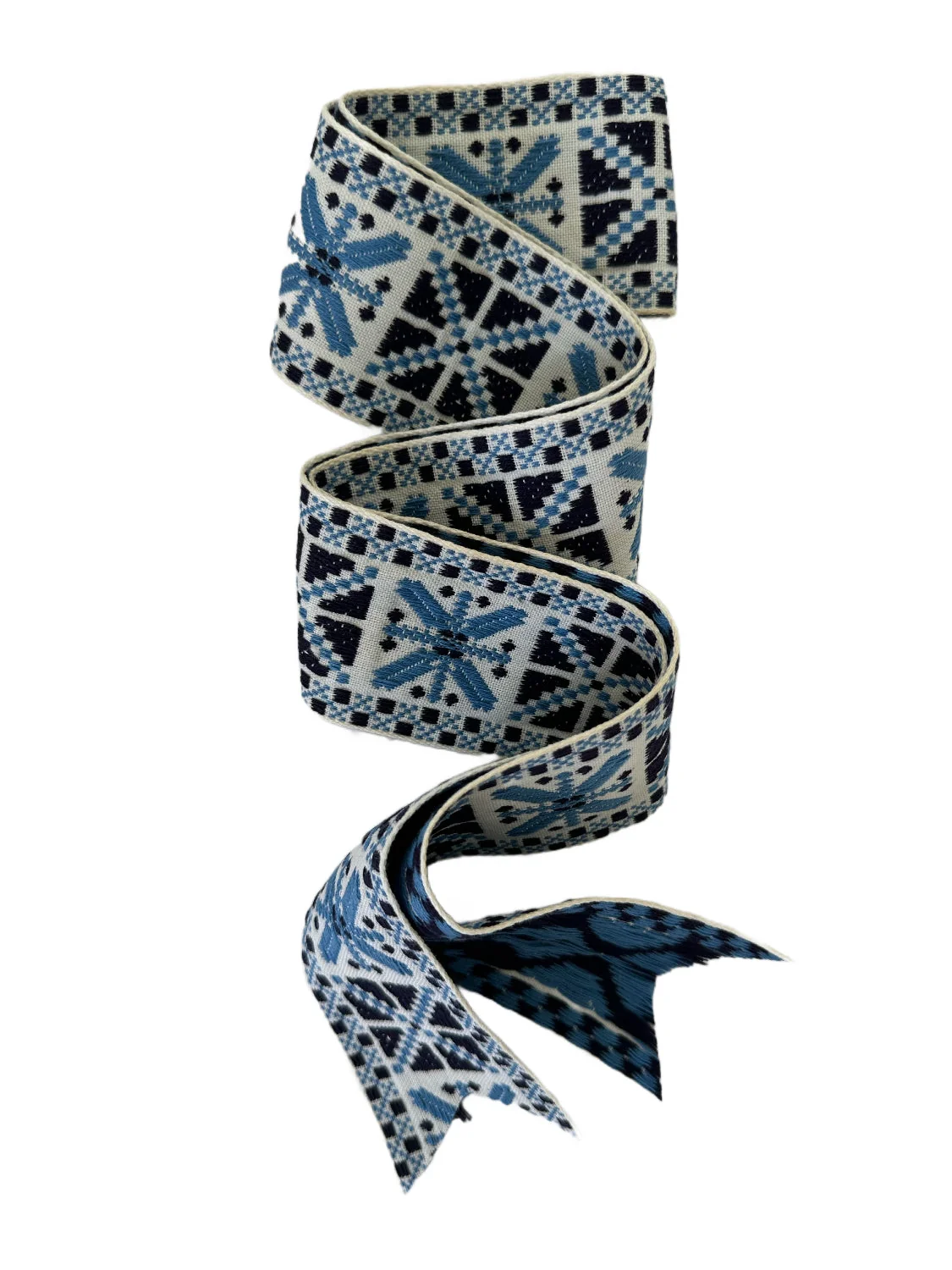 Sustainable Vintage Embroidered Blue White Cross-Stitch Ribbon – Short Reusable